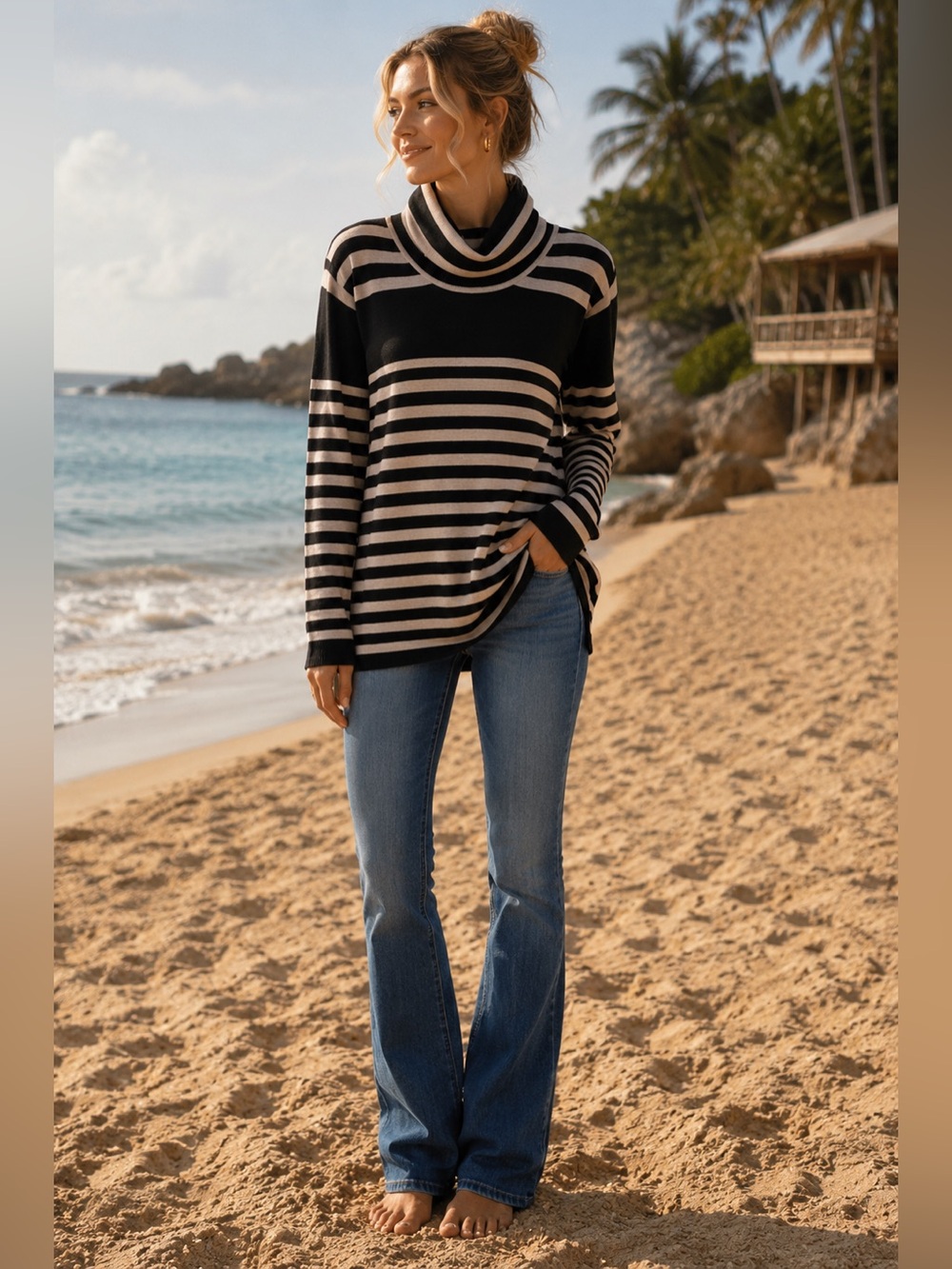 Joan Vass Wool Sweater Striped Turtleneck Tunic